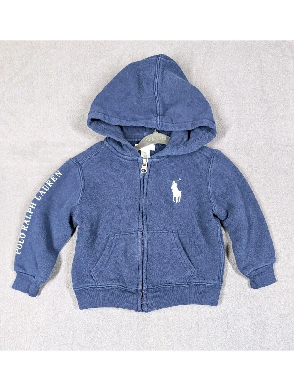 Polo Ralph Lauren Boys 18M Blue Big Pony Sleeve Spellout Full Zip Hoodie Y2K Vtg